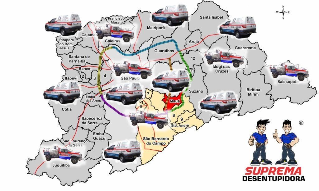Mapa de cobertura da Suprema Desentupidora na Grande São Paulo